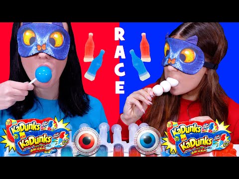 Red Food VS Blue Food Candy Race Challenge With Closed Eyes By LiLiBu