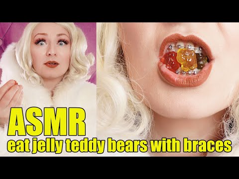 Make your ASMR dreams a reality: watch this amateur eat jelly teddy bears with braces in white fur!