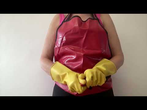 ASMR Mummy Opens Red Latex Apron, Hot Water Bottles with VGO Yellow Dishwashing Gloves Rubber Sounds