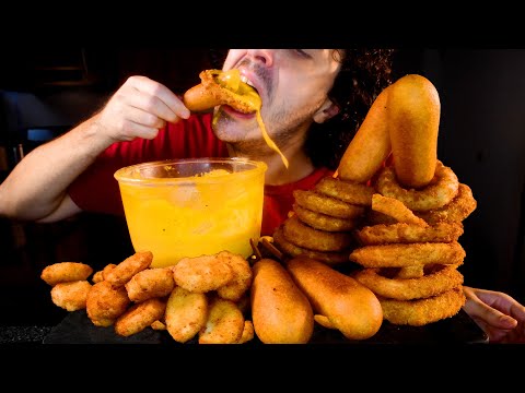 ASMR CHEESY CORN DOGS , CHICKEN NUGGETS , ONION RINGS MUKBANG (No Talking) NOMNOM