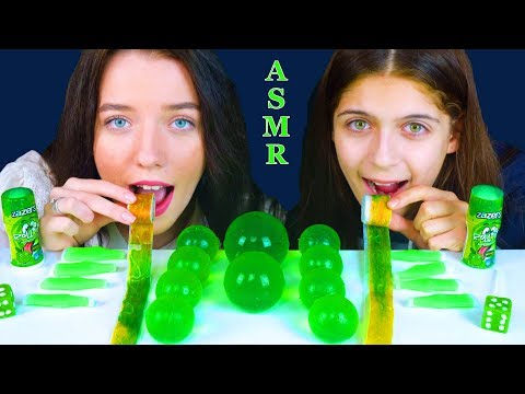 ASMR GREEN FOOD PARTY NIK-L-NIP WAX BOTTLE, DICE CANDY, JELLY BALLS, FRUIT BY THE FOOT 먹방