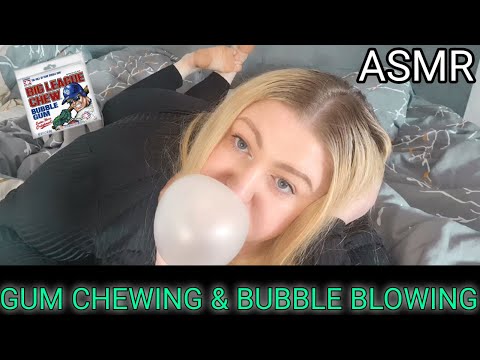 ASMR GUM CHEWING & BLOWING BUBBLES IN BED (NO TALKING) BIG LEAGUE CHEW