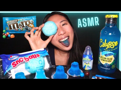 BLUE FOOD #ASMR 💙 Sno balls CAKE Lollipop Jelly M&M's & more!