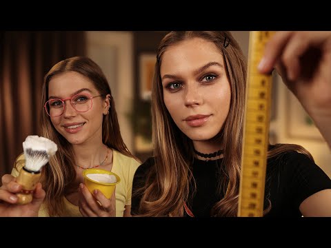 ASMR Pampering You with My Sister (Measuring, Shaving, Trimming, Face Massage) Bilingual RP, ENG/RU