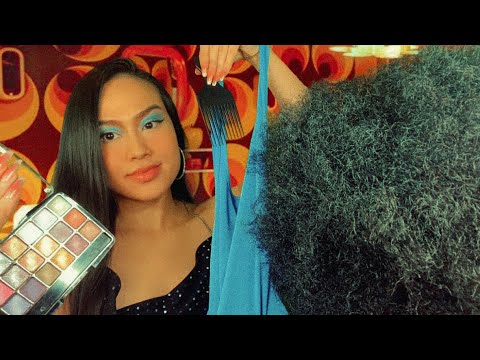 ASMR 70s Jersey Girl Gives u Full Disco Makeover (Hair, Makeup, Outfit) Gum Chewing RP, 4C Afro Hair
