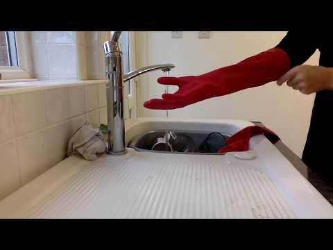 New Long Red Rubber Gloves in Action Washing Pots... ASMR