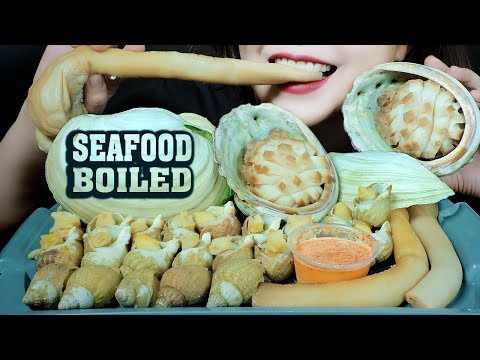 ASMR SEAFOOD BOILED (GEODUCK,GIANT ABALONE,BULOT SNAIL) CHEWY EATING SOUND LINH ASMR