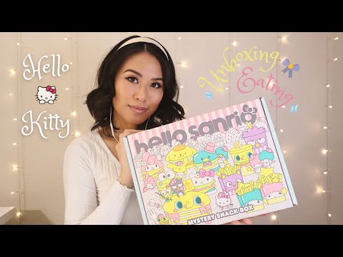 ASMR Unboxing Hello Kitty Sanrio Mystery Snack Box ❔✨❔ Eating Sounds + Whispering