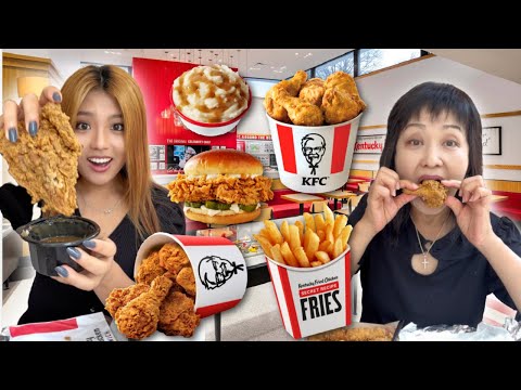 KFC FEAST! Fried chicken bucket, fries, mashed potatoes, spicy chicken sandwich