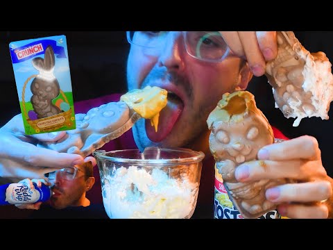 GIANT CRUNCHY CHOCOLATE EASTER BUNNY *CHEESE SAUCE + WHIPPED CREAM + PEANUT BUTTER + HONEY * ASMR *