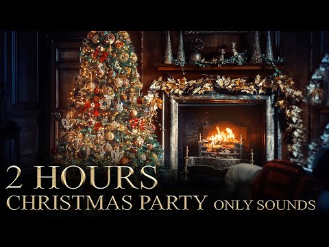 Christmas Party Ambience 🎄 4K UHD Virtual Fireplace + Muffled Voices Chat [NO MUSIC]