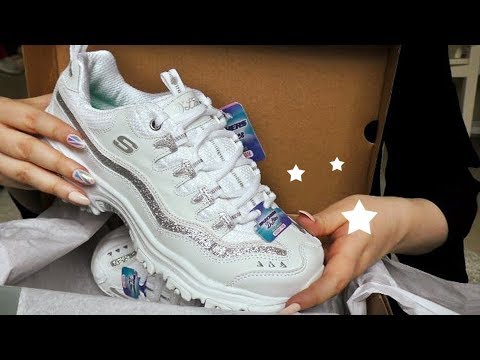 ASMR - Unboxing Glittery Sketchers Shoes + Try On (crinkles, tapping on box, soft speaking)
