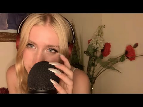 ASMR | mouth sounds | very gentle whispering and mic scratching with long nails