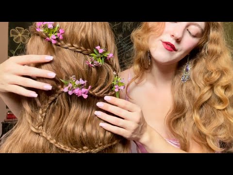 ASMR roleplay Princess takes out your hairstyle before bed (flower plucking, unbraiding & hairbrush)