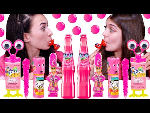 ASMR Pink One Color Food Mukbang #2 (Tik Tok Jelly Animals, Lollipops, Twist and Drink)