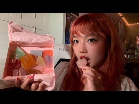asmr 2 minute edible crystal candy (kohakutou + mouth / eating sounds)