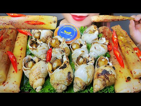ASMR GRILLED BULOT WITH PEPPER SAUCE X PICKLE BAMBOO . EATING SOUNDS | LINH-ASMR