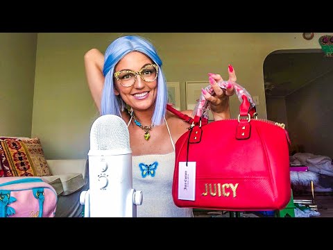 ASMR~ 👛🦋  my JUICY couture PURSE haul!! (GUM chewing + amazing fabric sounds) 🦋👛