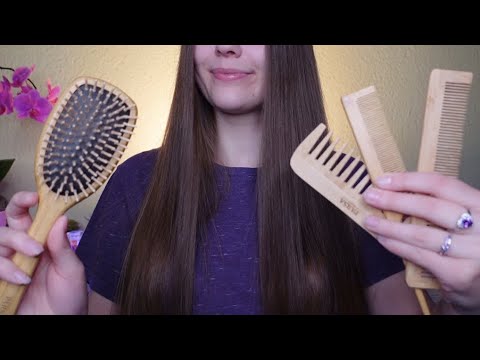 ASMR Long Hair Brushing with Wooden Brushes and Combs (Whisper, Hair Play)