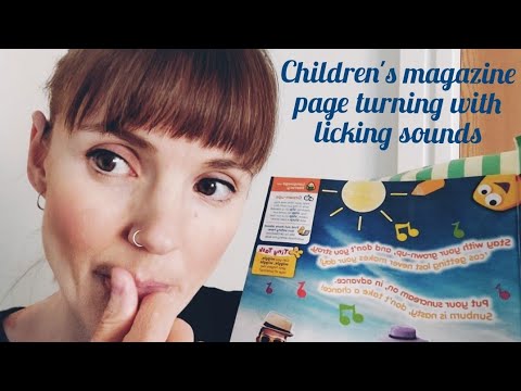 Children's magazine, page turning with licking sounds
