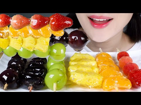 ASMR Rainbow Fruit Candy Tanghulu Eating Sounds Mukbang