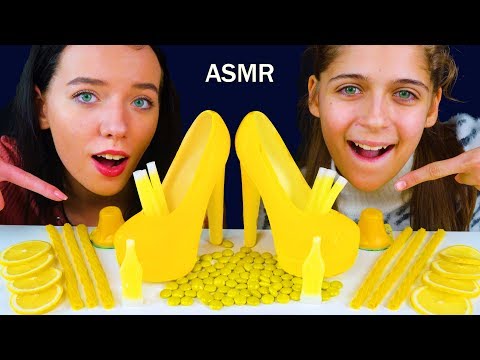 ASMR YELLOW FOOD JELLY CUPS, EDIBLE SHOES, TWIZZLERS, WAX STICKS, WAX BOTTLES EATING MUKBANG
