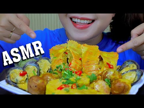 ASMR Mukbang Seafood in Salted Egg sauce (Slipper lobster and mussel) chewy eating sounds| LINH-ASMR