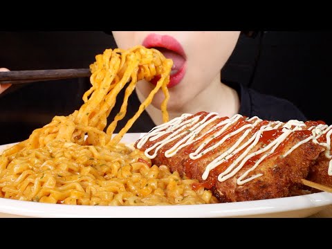ASMR Fried Cheese and Spam with Carbo Fire Noodles Eating Sounds Mukbang