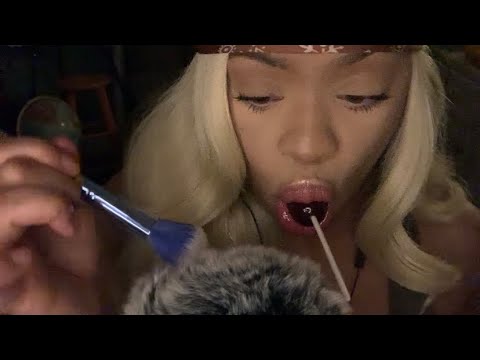 ASMR Mic Brushing and Mouth Sounds | Lipgloss Application | Lollipop Eating