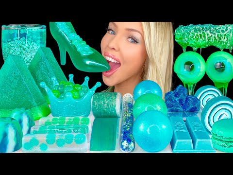 ASMR TEAL DESSERT MUKBANG, HONEYCOMB, PIPETTE SQUEEZE GLITTER DRINK, BUTTERFLY PEA TEA EDIBLE CUP 먹방