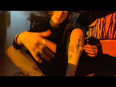 ASMR tattoo tracing with body triggers and jewelry (ring sounds) (soft spoken) (slight mouth sounds)