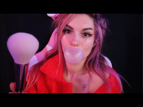 [ASMR] Gum Chewing/Blowing Bubbles, Face Brushing, and Up Close Whispers