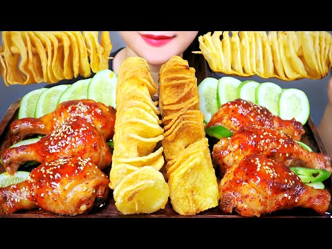ASMR SPICY CHICKEN LEGS WITH SPIRAL POTATOES  EATING SOUNDS | LINH-ASMR
