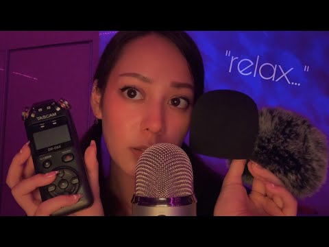 ASMR Mic Scratching while Repeating "Relax" 🤍✨ BLUE YETI & TASCAM (no cover, foam & fluffy cover)