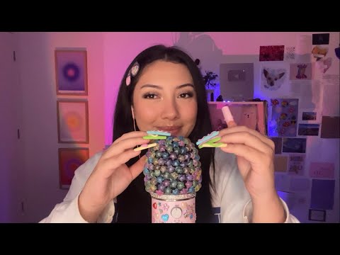 ASMR nail clacking and tapping, mic scratching, mouth sounds 🍭⭐️🩵🎀💅