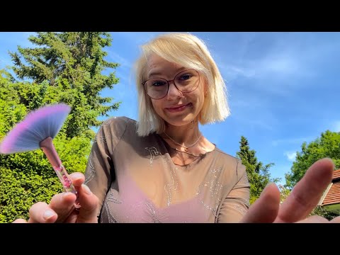 ASMR Personal Attention Triggers Outdoors 🌿 {light, brushing face & hair, measuring, face roller..}