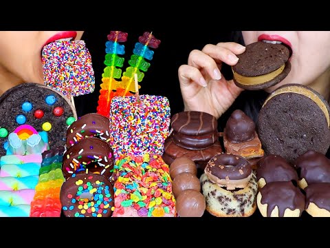 ASMR RAINBOW + CHOCOLATE DESSERTS (M&MS ICE CREAM, MARSHMALLOW POP, DONUTS, CAKE, GUMMY BEAR, PIE)먹방