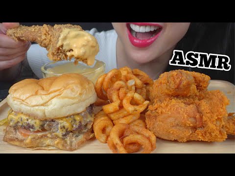 ASMR CHEESY BURGER + FRIED CHICKEN + CHEESE SAUCE (EATING SOUNDS) LIGHT WHISPERS | SAS-ASMR