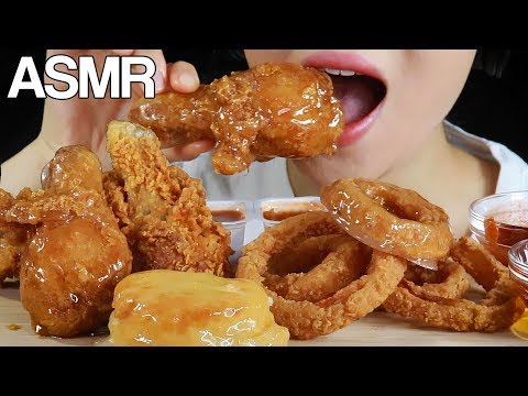 ASMR CANDIED FRIED CHICKEN ONION RINGS POPEYES EATING SOUNDS MUKBANG