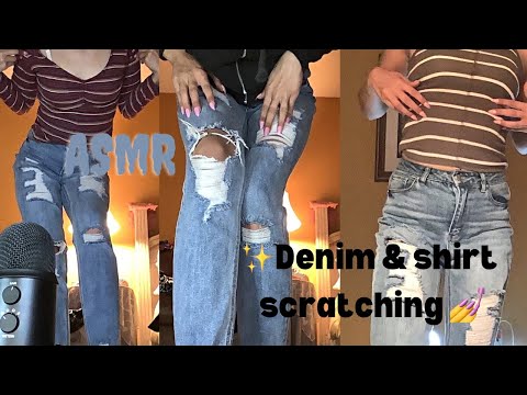 ASMR denim jeans scratching + ribbed shirt + jacket scratching + zipper sounds