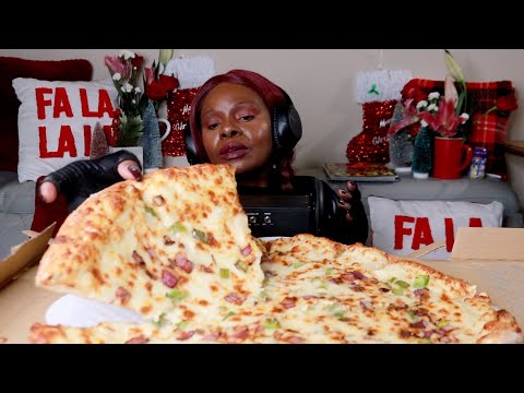 ALFREDO WHITE SAUCE CHEESE PIZZA ASMR EATING SOUNDS