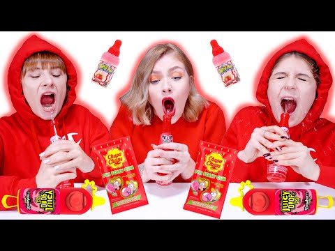 ASMR RED DESSERTS *COTTON CANDY BUBBLE GUM, ROPE JUICE, TWIST AND DRINK MUKBANG
