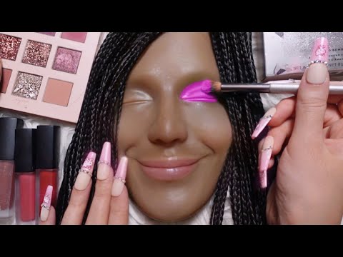 ASMR Sparkly Pink Makeup & Braid Hairplay on Mannequin (whispering, tapping, makeup sounds)