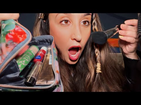 ASMR What’s in my Makeup Bag / Gum Chewing / Leather Jacket / Tapping / Soft Whispers