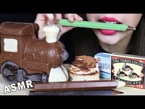 ASMR CHOCOLATE LOCOMOTIVE, EDIBLE MATCHES, CRAYONS & FLUFFY SWISS ROLL (EATING SOUNDS) No Talking