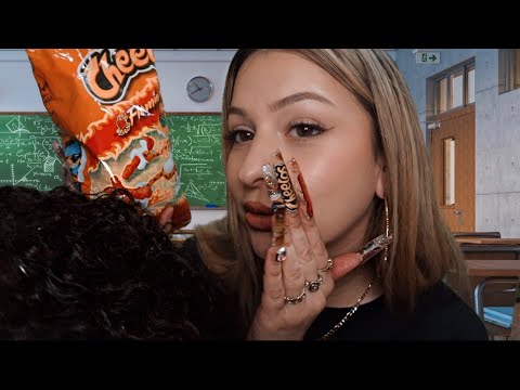 ASMR Hot Cheeto Girl sits in back of you in class🌶️ She plays with your hair & does your makeup!😚