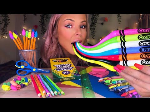 ASMR EATING EDIBLE CANDY SCHOOL SUPPLIES CRAYONS, PAPER, PENCILS, ERASERS MOST ODDLY SATISFYING EATI