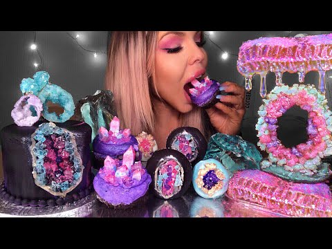 ASMR EDIBLE GEODE ROCKS, QAURTZ CRYSTALS, GEODE CAKE, AMETHYSTS, GEODE HONEYCOMB MUKBANG 먹방