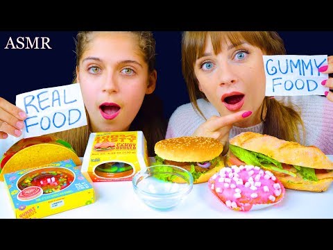 ASMR REAL FOOD VS GUMMY FOOD CHALLENGE (GUMMY PIZZA, HOT DOG, TACO, DONUT, BURGER, FRIES)