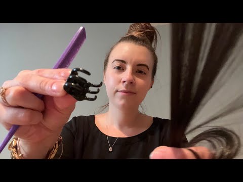 ASMR Role Play Series Pt 1: Parting, Sectioning, and Clipping Your Hair (real hair sounds)